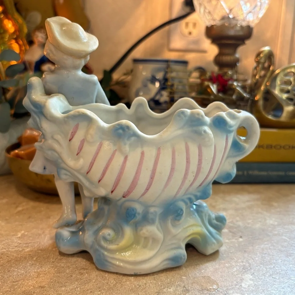 Vintage Victorian Bisque Colonial Boy Blue Ornate Shell Planter Vintage Japan